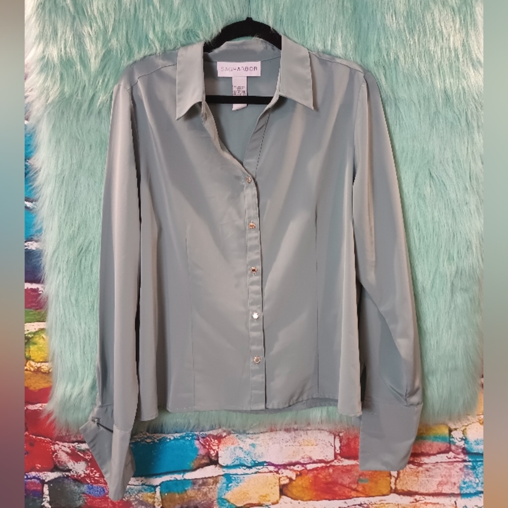 Sag Harbor Green Long Sleeve Button Down Top Size 16